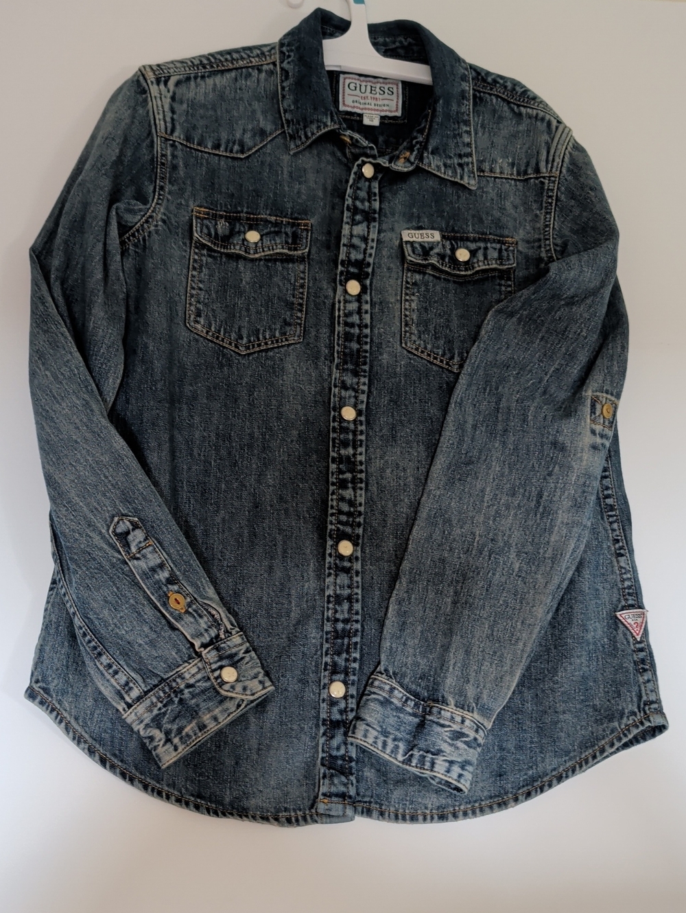 Guess Distressed Denim Button-Up Shirt - Faded Blue
